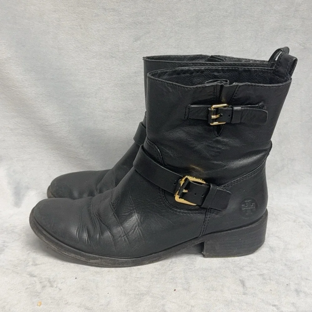 Tory Burch Boots Womens Size 8.5 Black Leather Ankle Biker Buckle Booties